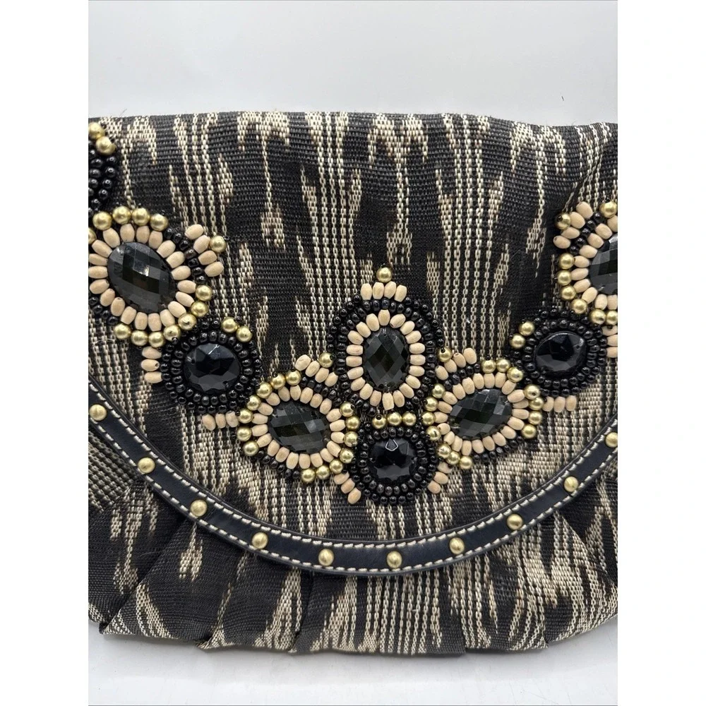 Rafe Large Beaded‎ Clutch Handbag Leather Stones 12x9 Chain Strap